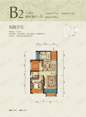 湾流天悦B2户型 2室2厅1卫 合同面积约：77平米户型图