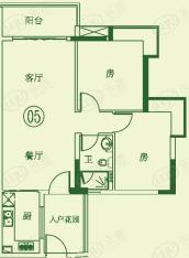 广州富力泉天下05单位，2房2厅1卫户型图