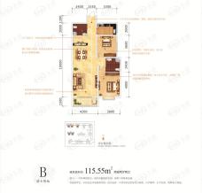 欧罗巴小镇3、4号楼B户型 面积：115.55平米 2室2厅2卫户型图