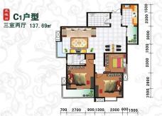 领域豪城C1户型 3室2厅2卫户型图